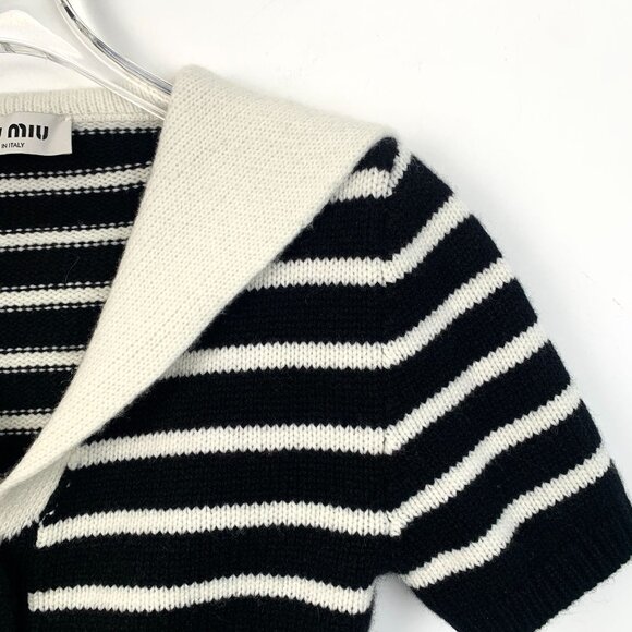 Miu Miu Striped Collar Knit Cardigan Sweater Black & White Short Sleeve Button F - Picture 3 of 8
